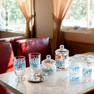 〈青森食堂〉日本制Aderia复古昭和清新碎花蓝白花环玻璃果汁杯