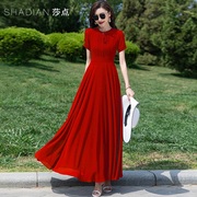 酒红色连衣裙夏季短袖，雪纺收腰显瘦到脚踝，长裙优雅气质大摆裙