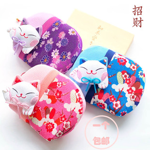日本招财猫造型手包和风，布艺可爱半圆海绵拉链，女士钱包卡片化妆包