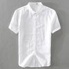小清新白色短袖亚麻衬衫男士，薄款休闲修身商务翻领棉麻料衬衣夏季
