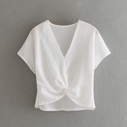 韩国夏季白色V领下摆打结饰棉麻短袖衬衫女纯色短款时尚上衣