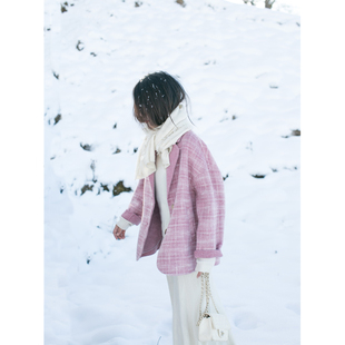 原隐yuanyin复古秋冬ins法式西装，格子粉色外套，短款羊毛大衣女毛呢