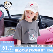 女童灰色圆领t恤2024夏装洋气小猫，儿童短袖上衣女孩体恤大童