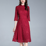 中年女士结婚礼服妈妈装高贵气质喜婆婆，旗袍裙春季婚宴红色连衣裙