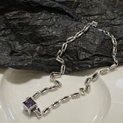 s925纯银紫锆石立体大方块手链ins小众设计高级时尚双面复古项链