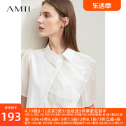 amii2024夏极简翻领全棉，梭织拼接轻薄微透天丝短袖直筒衬衫女