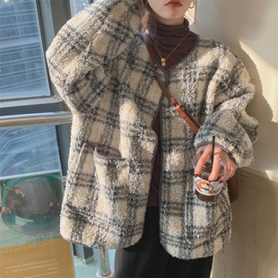 小香风格子羊羔毛保暖(毛保暖)外套女冬季设计感小众宽松加厚棉衣外套