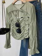 绿色修身皱褶吊带背心雪纺长袖系带，披肩两件套时尚，休闲洋气f∮27