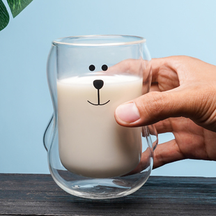 格凌兰高硼硅耐热玻璃杯双层带盖小熊杯学生水杯家用儿童杯咖啡杯