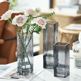 北欧轻奢网红方口描金花瓶玻璃透明复古花瓶干鲜花插花瓶摆件客厅