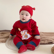 婴儿连体衣春秋冬装兔宝宝周岁礼服男拜年服新年衣服喜庆套装红色