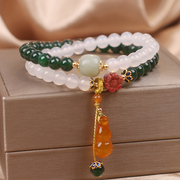 中国风绿玛瑙多层串珠水晶，手链女白玛瑙，拼接葫芦吊坠手串闺蜜礼物