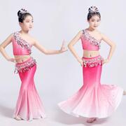 儿童傣族舞蹈服弹力孔雀舞演出服装，女童少儿傣族鱼尾裙演出服