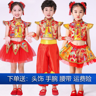 六一儿童演出服说唱中国红秧歌，打鼓服幼儿园太平女儿民族舞蹈服装