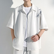 冰丝古巴领白衬衫短袖男夏竹叶刺绣新中式国风设计感高级亚麻衬衣