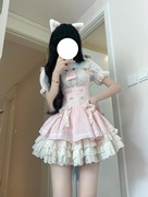 甜美公主风lolita裙，粉色泡泡袖衬衣，背带拼接蕾丝蓬蓬连衣裙两件套
