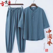 居士服佛系禅修棉麻套装，道服男夏季中式古风汉服禅意打坐唐装茶服