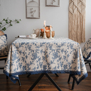 田园复古蓝色印花餐桌布棉麻台布拍照背景，布圆桌(布，圆桌)盖巾蕾丝流苏花边