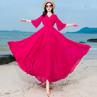 2023连衣裙时尚气质纯色修身显瘦雪纺大摆长裙红色沙滩裙度假