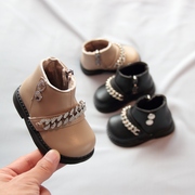 女童皮靴冬季小童短靴加绒宝宝公主靴软底婴儿学步鞋0-1岁2
