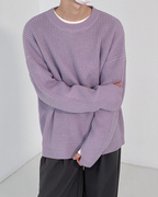 紫色毛衣男宽松纯色百搭圆领垂感针织衫，秋冬季指套袖衣服韩版潮流