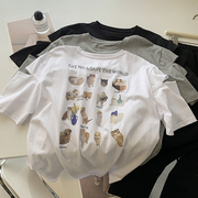 设计感小众白色半袖t恤女夏季短袖2023年小猫印花中长款宽松