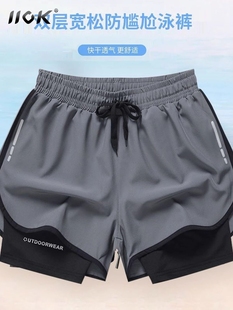 IIOK男士沙滩泳裤游泳衣单件防尴尬假两件运动健身短裤子5分平角