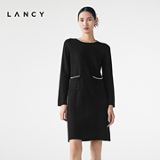 LANCY/朗姿2023圆领羊毛连衣裙修身显瘦气质法式黑色裙子女