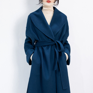 赫本风高级感蓝色双面羊绒，羊毛呢大衣女，收腰系带气质加厚毛呢外套