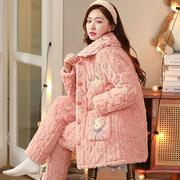睡衣女冬季三层珊瑚保暖绒夹棉袄韩版可爱加厚加绒女士家居服套装