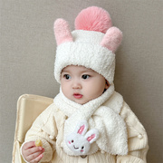 婴儿帽子围巾两件套冬季女宝宝包头帽可爱兔耳朵婴幼儿套头帽保暖