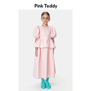 PinkTeddy童装儿童泡泡袖上衣23夏装半身长裙女童粉色套装两件套