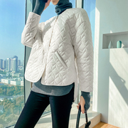 2023冬季短款白色棉衣女菱形，格宽松版，棉袄无领薄棉服时尚休闲大码