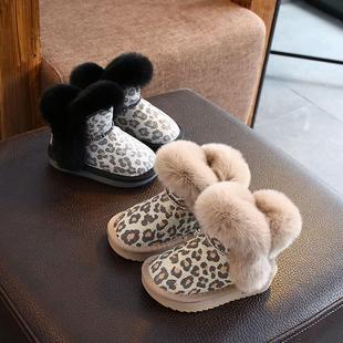 女童雪地靴豹纹儿童靴子，加绒加厚冬季男童棉靴宝宝冬鞋毛毛鞋