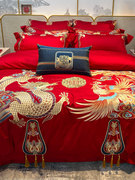 全贡缎提花四件套红色婚庆结婚被套床上用品中式龙凤刺绣棉100支