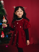 女童秋冬装圆领丝绒泡泡，袖钉珠短袖裙儿童红色，圣诞节礼服连衣裙子