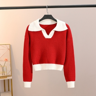 学院风娃娃领红色毛衣，短款polo领减龄时尚，套头加厚拼色秋冬打底衫