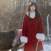红色呢子大衣女2022小香风大毛领，新年战袍名媛，毛呢子(毛呢子)外套加厚