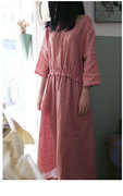 原创设计女装文艺色织皱亚麻，连衣裙粉色甜美五分，袖纯色度假长裙女