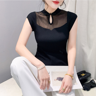 新中式复古国风网纱短袖，设计感盘扣立领，小衫气质修身上衣女针织衫