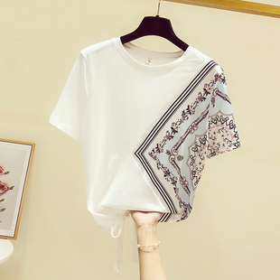 夏季韩版时尚宽松系带雪纺拼接纯棉短袖T恤女设计感白色上衣