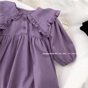 韩国22秋冬女童洋气，连衣裙女宝宝娃娃裙长袖，紫色小女孩公主裙