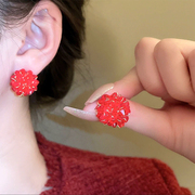 韩国清新红色水晶球耳钉女时尚，百搭耳环网红高级感气质银针耳饰品