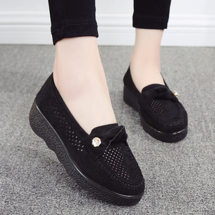 夏季老北京布鞋松糕厚底单鞋，中跟坡跟黑色，工作鞋透气网鞋豆豆女鞋