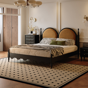 法式复古软包床中古风黑色现代简约实木床，1米8美式双人主卧大床