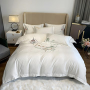 新中式刺绣纯棉100全棉床单式被套立体花卉床上用品4件斜纹四件套