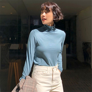 蓝色T恤女高领打底衫女长袖 修身纯棉2023韩版堆堆领春装T恤女