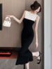 针织连衣裙女夏季2024法式修身显瘦气质黑白，撞色开叉无袖长裙