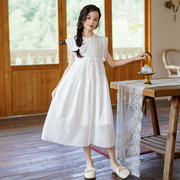 女童夏季连衣裙2024中大童，镂空仙女裙，甜美长裙儿童礼服公主裙白色
