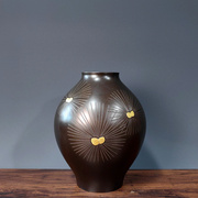 日本铜制紫山作嵌银松子纹花器铜花瓶花入家居复古摆件付箱